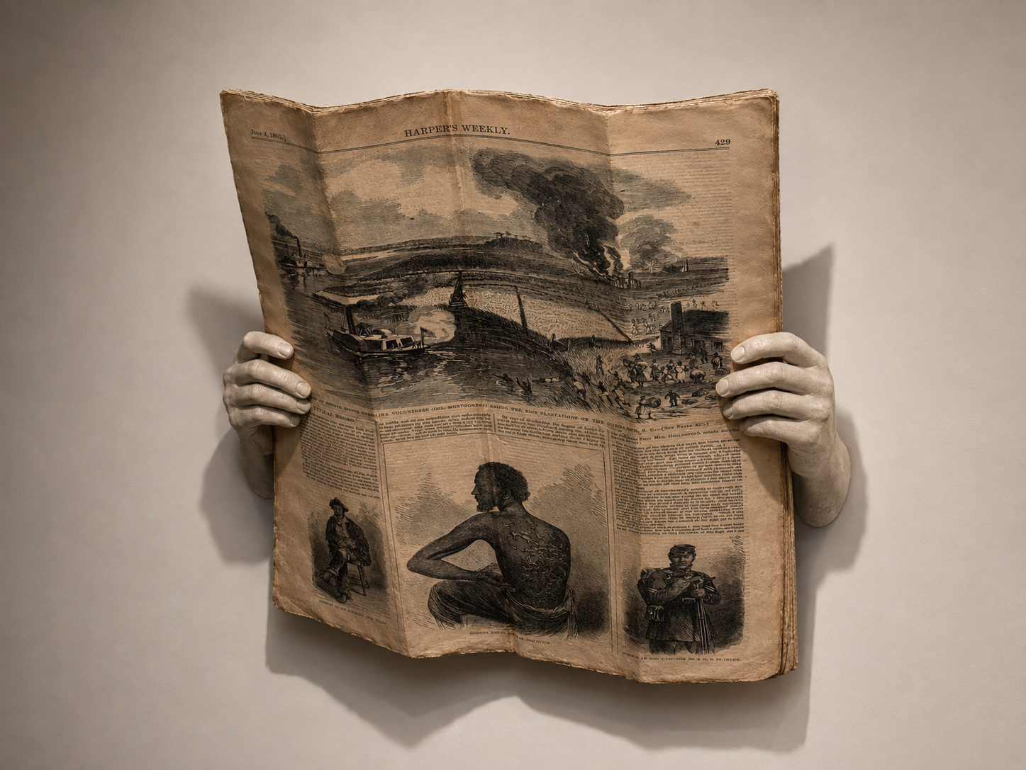 At The Dinner Table — sculpted hands holding an 1863 Harper's Weekly newspaper with Civil War engravings
