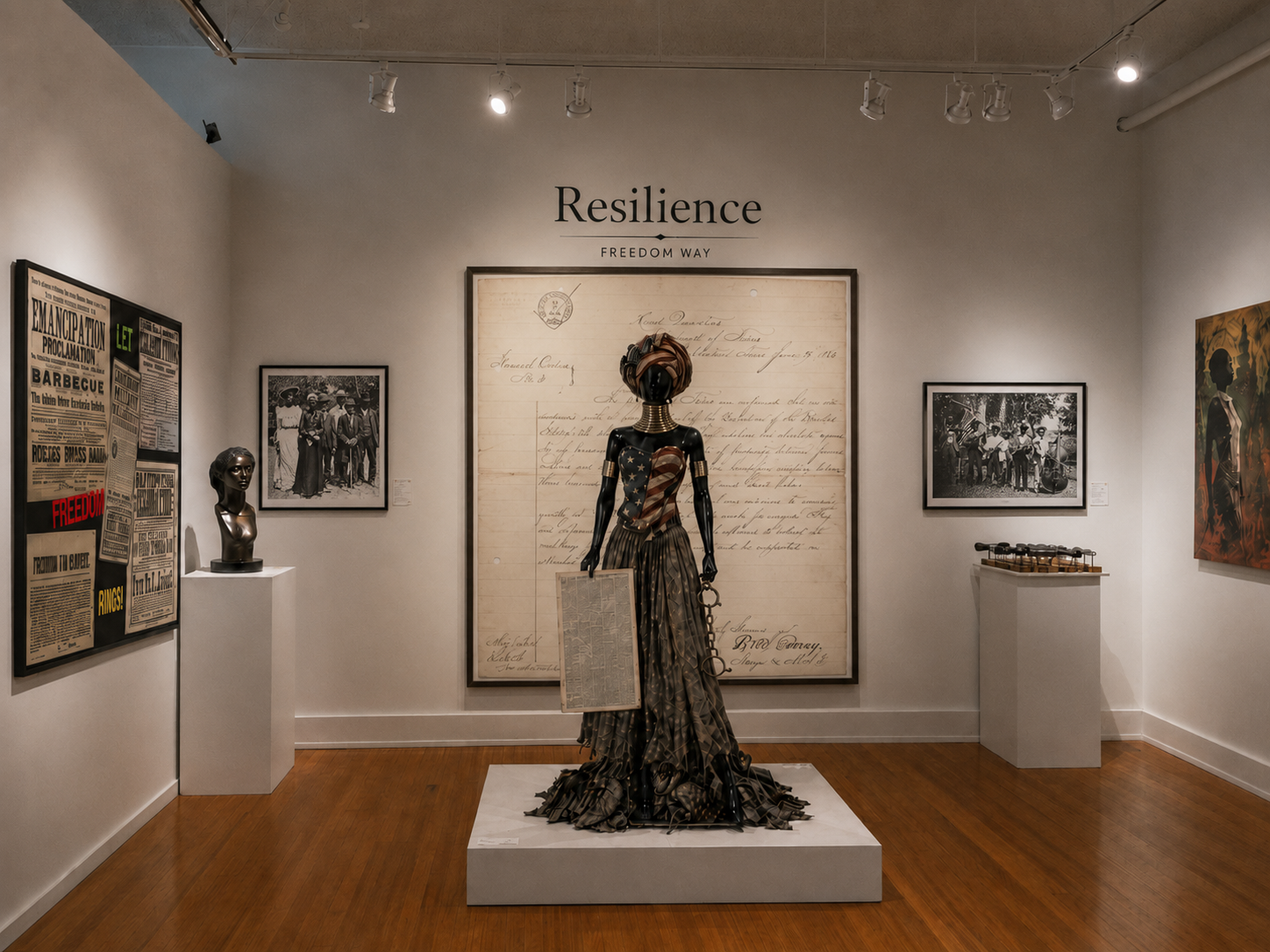 Gallery installation view of the Freedom Way exhibition's Resilience room, with a sculptural figure, framed archival documents, and vintage Emancipation posters