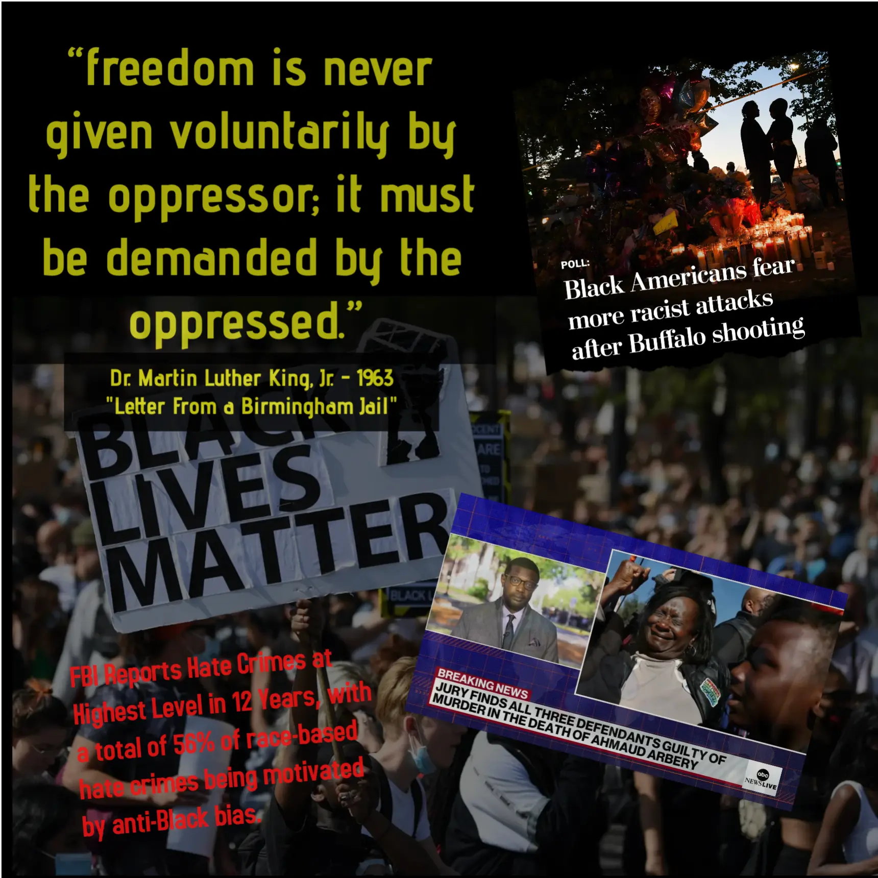 Contemporary panel with a Martin Luther King Jr. quote and Black Lives Matter protest imagery