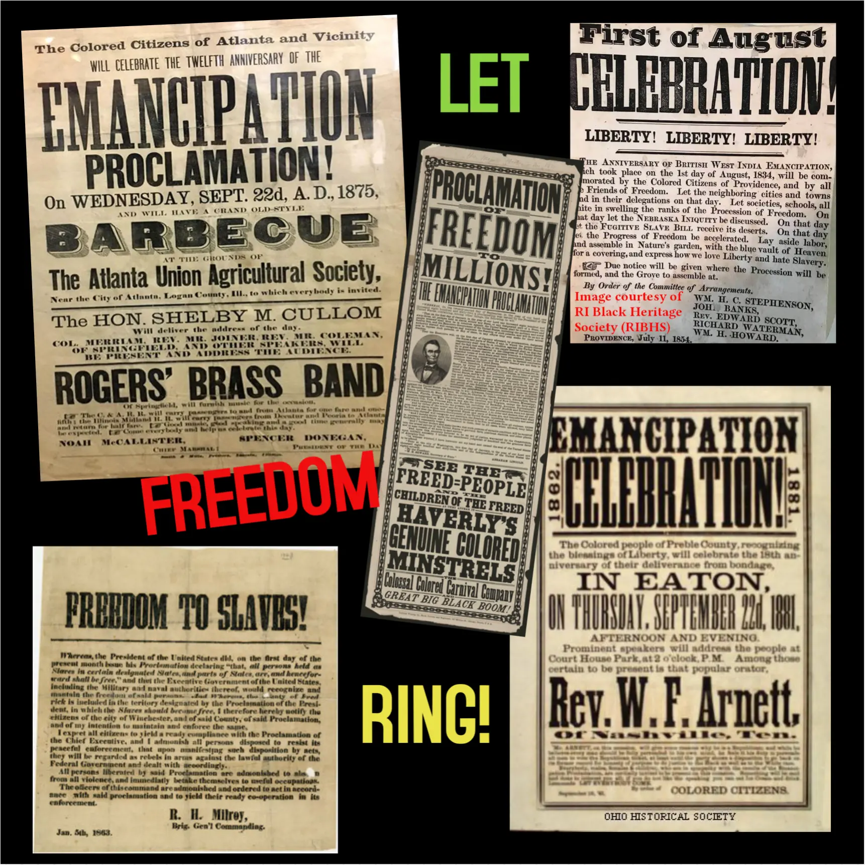 Nineteenth-century Emancipation Proclamation celebration and barbecue posters