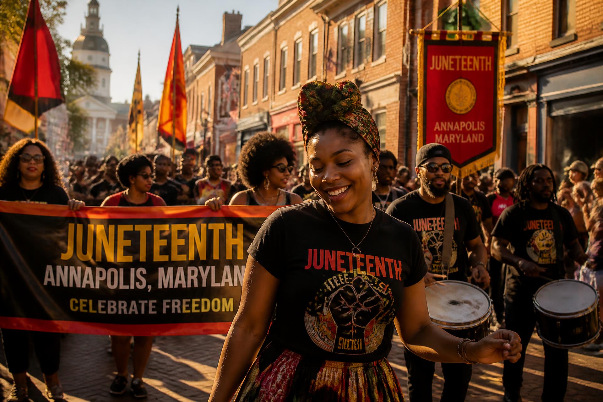 Community members marching in the Annapolis Juneteenth Parade with banners and drums