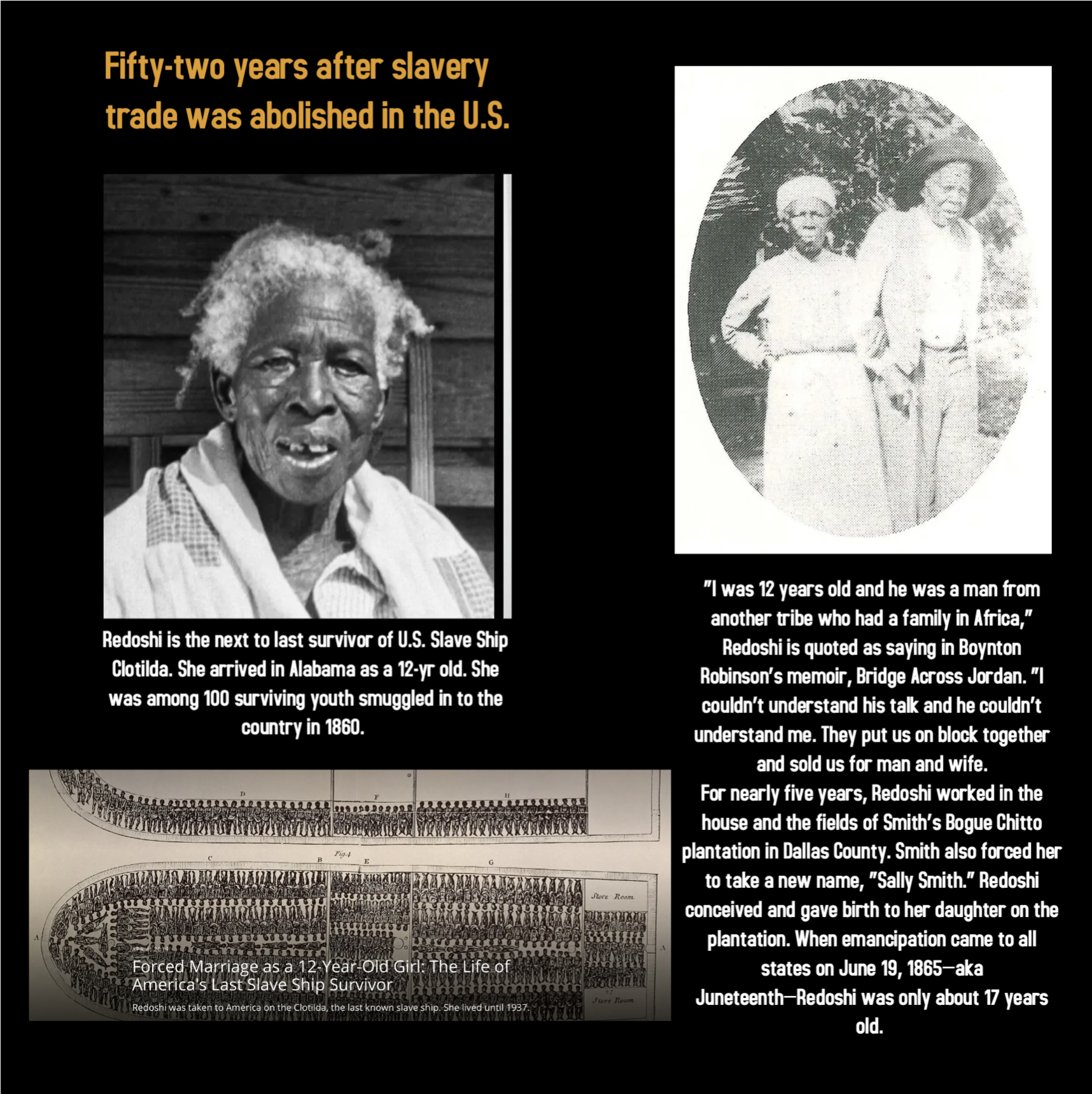 Panel profiling Redoshi, the last known survivor of the Clotilda slave ship